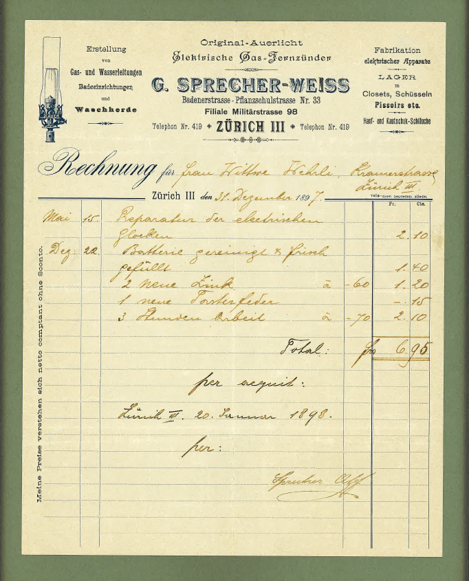 Rechnung von 1898, damals noch unter dem Namen G. Sprecher-Weiss, aber bereits an der Planzschulstrasse zuhause.